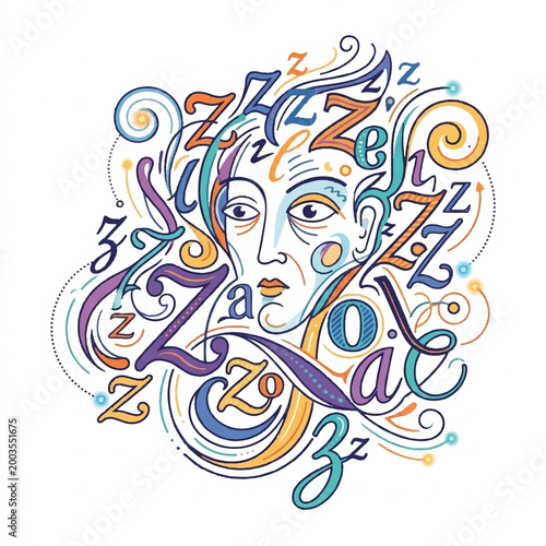 Abstract Illustration of a Woman's Face with Swirling Hair and Zzz Symbols.