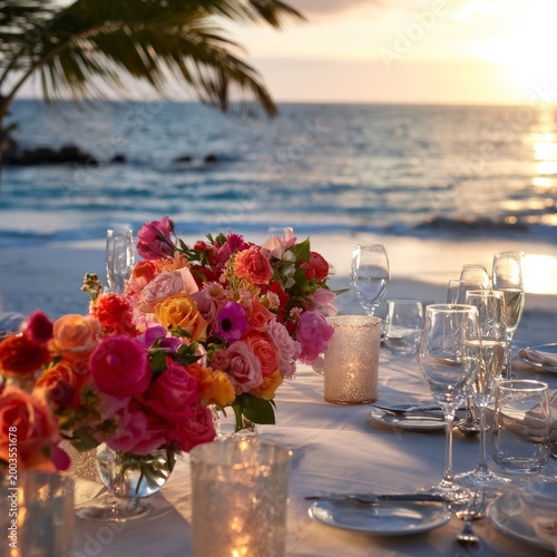 Beautiful Beach Dinner Setting With Flowers and Candles at Sunset by the Sea