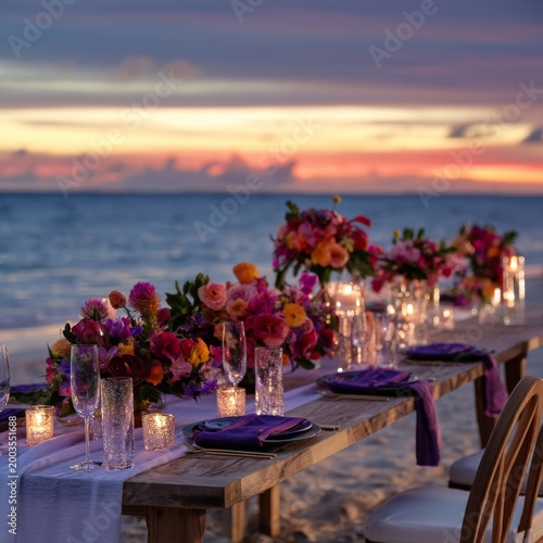 Dinner Setup on the Beach With Flowers and Candles at Sunset Near the Ocean
