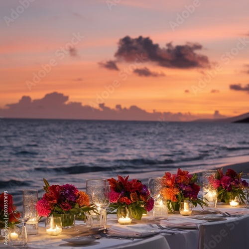 Dinner Setup on the Beach With Flowers and Candles at Sunset Near the Ocean