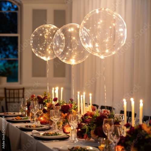 Elegant Dining Setup With Balloons and Candles for an Evening Celebration Eve...