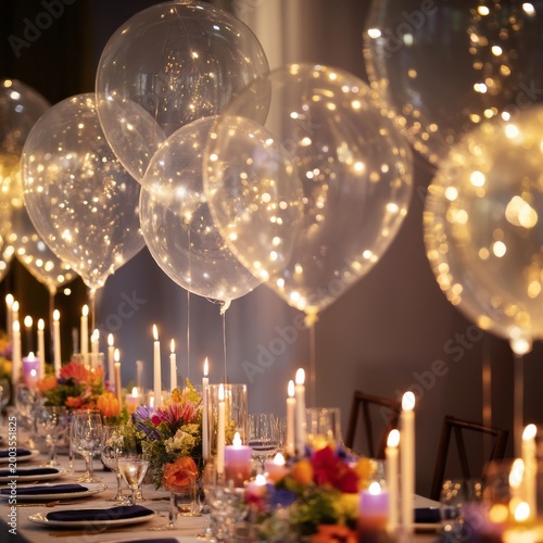 Elegant Dining Setup With Balloons and Candles for an Evening Celebration Eve...