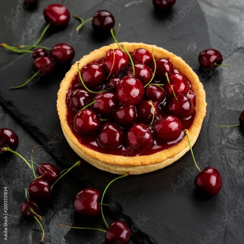 Cherry Tart on Black Stone Surface With Cherries Scattered Around