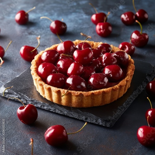 Fresh Cherry Tart on a Dark Slate Board Surrounded by Whole Cherries on a Col...