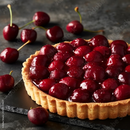 Cherry Tart on Black Stone Surface With Cherries Scattered Around