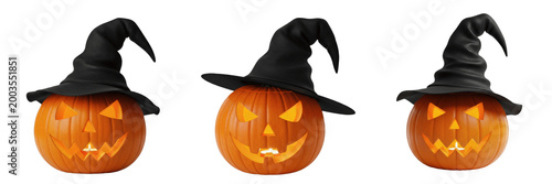 Set of Halloween Jack-o'-lantern Pumpkin with Witch Hat Isolated on White Background, PNG