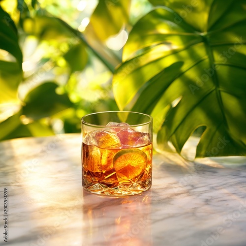 Drink With Ice and Lime on a Table Surrounded by Green Leaves During Bright D...