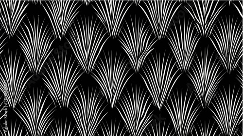 Seamless Art Deco geometric fan repeating pattern. Seamless Art Deco pattern featuring radiating white lines and dots on a black background