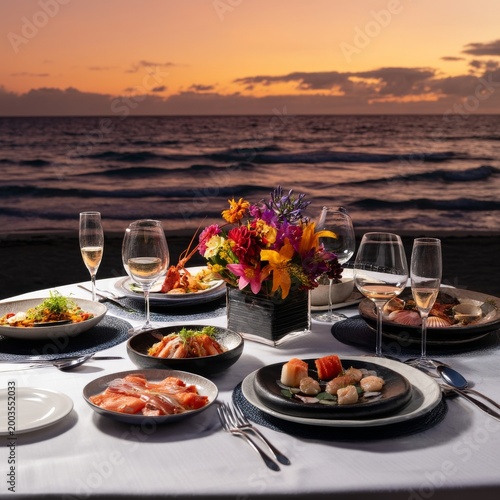 Enjoying Seafood Dinner at Sunset on the Beach With Flowers and Wine