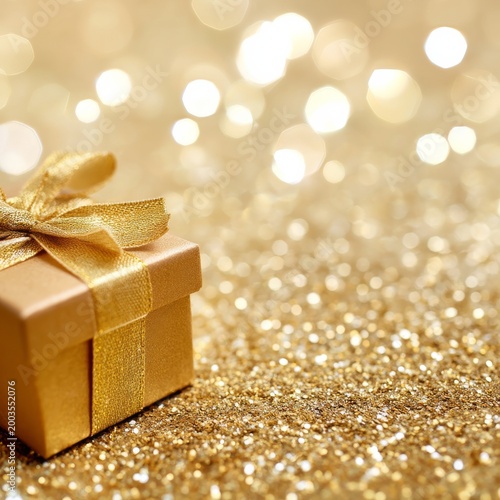 Golden Gift Box on a Sparkling Background During a Festive Celebration