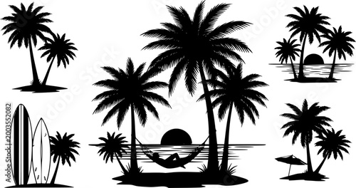 Summer Tropical Vacation Silhouette Vector - Palm Trees and Beach Relaxation Holiday Concept for Travel and Tourism