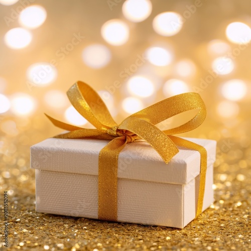 Golden Gift Box on a Sparkling Background During a Festive Celebration