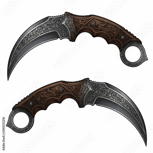 Decorative curved dagger with ornate handle and detailed blade design.