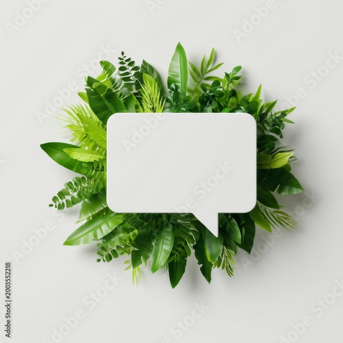 Green Leaves Arranged in a Circle With a Blank Speech Bubble in the Center of...