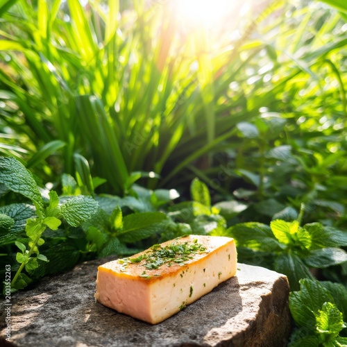 Fresh Cheese Sits on a Stone in a Garden During Golden Hour With Green Plants...