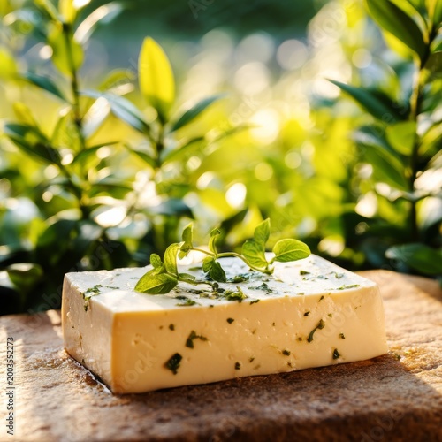 Fresh Cheese With Herbs on a Stone in a Garden Setting During Evening Light