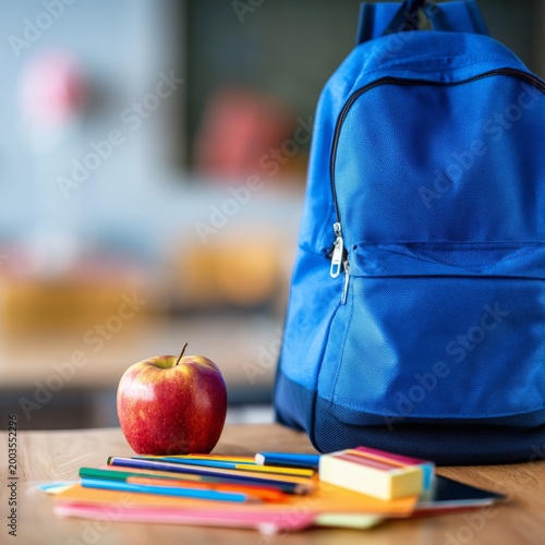 Backpack and School Supplies on a Wooden Table With an Apple in a Classroom S...