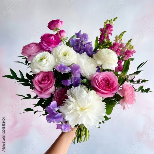 Bright Bouquet of Mixed Flowers Placed Against a Plain Wall Indoors in the Af...