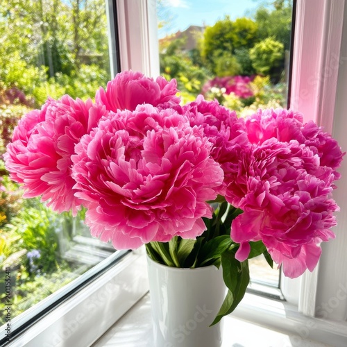 Beautiful Pink Peonies in a White Vase on a Sunny Window Ledge in Springtime