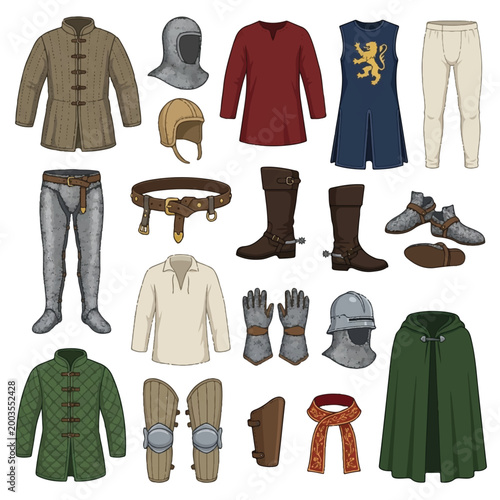 Historical Medieval Costume Collection Featuring Armor, Clothing, and Accessories for Reenactments.