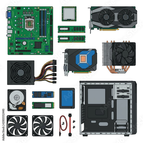 Computer Hardware Components Including Motherboard CPU Cooler and Graphics Card.