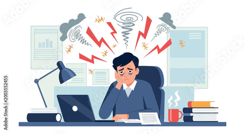 Man sitting at office desk stressed.