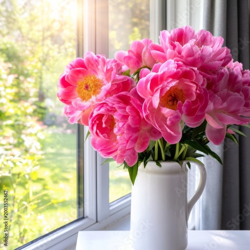Bright Flowers in White Vase on Window Sill With Garden View in Background Du...
