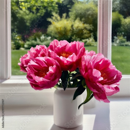 Bright Flowers in White Vase on Window Sill With Garden View in Background Du...