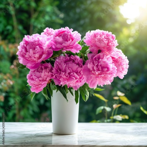 Flowers Arranged in a White Pot on a Marble Table in a Garden During Daytime