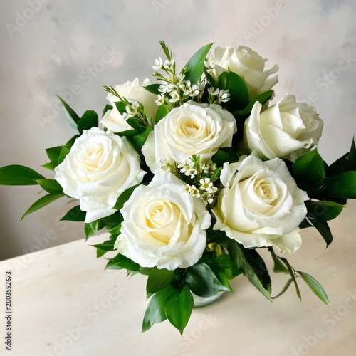 White Roses Arranged on a Table With Green Leaves in a Simple Setting