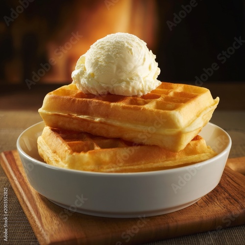 Warm Waffles With Ice Cream Served in a Bowl on a Wooden Table Near a Fireplace