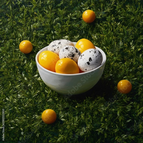 Bowl of Eggs and Fruit Arranged on a Green Surface With Natural Elements