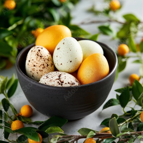 Bowl of Eggs and Fruit Arranged on a Green Surface With Natural Elements