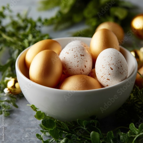 Colorful Eggs in a White Bowl Surrounded by Green Leaves on a Dark Background