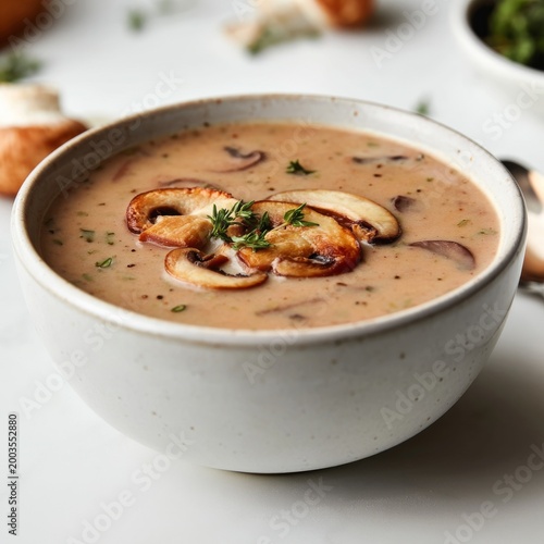 Creamy Mushroom Soup Served in a Bowl With Herbs and Toppings on a Table