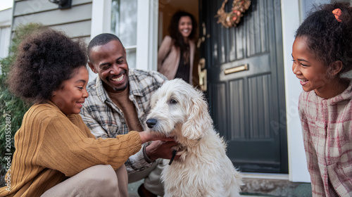 Happy family welcoming a newly adopted dog at the front door with children smiling and petting their gentle new companion