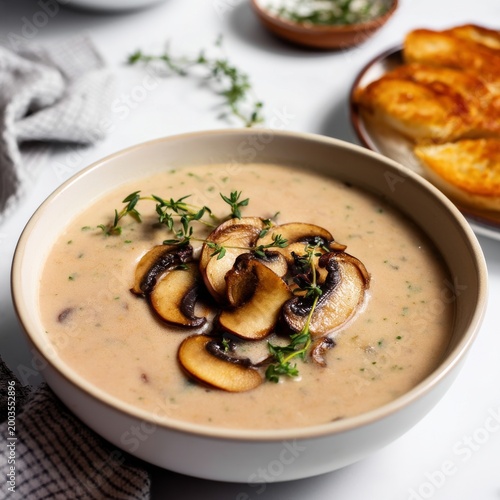 Creamy Mushroom Soup Served in a Bowl With Herbs and Toppings on a Table