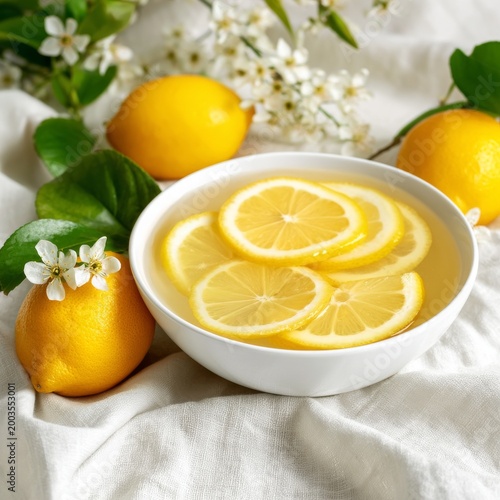 Lemon Slices Arranged in a Bowl With Fresh Flowers and Whole Lemons on a Fabr...