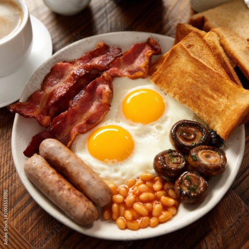 Breakfast Plate With Eggs, Bacon, Sausage, Beans, Toast, and Coffee on a Wood...