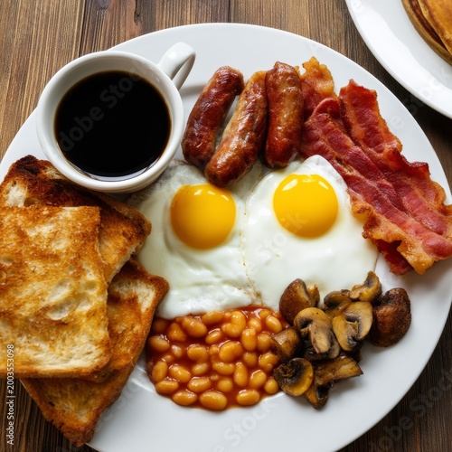 Breakfast Plate With Eggs, Bacon, Sausages, and Toast Served in a Cafe