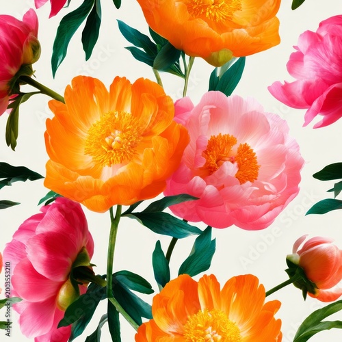 Bright Floral Pattern With Peonies in Different Colors on a Light Background