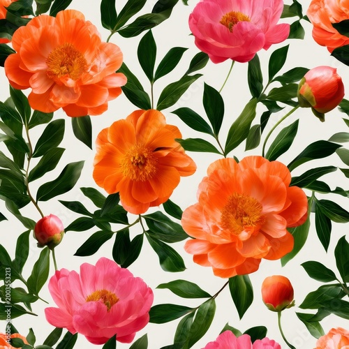 Bright Floral Pattern With Peonies in Different Colors on a Light Background
