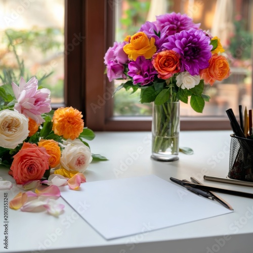 Blank Card With Colorful Flowers and Pens on a White Surface for Greeting or ...