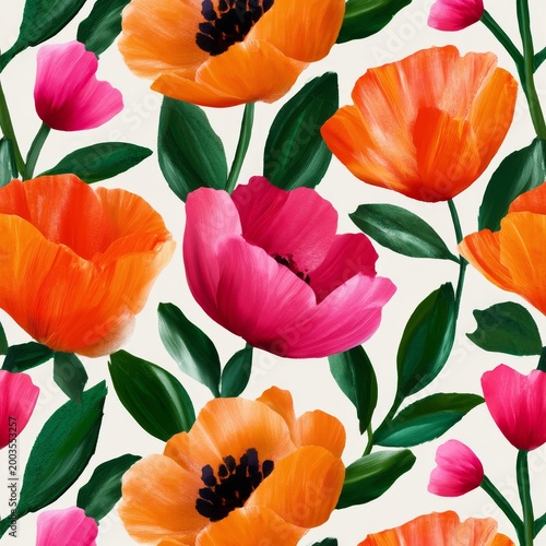 Bright Floral Pattern With Peonies in Different Colors on a Light Background