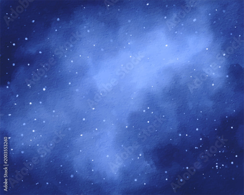 Starry night sky watercolor vector background, deep blue space with bright stars, soft abstract clouds and dreamy cosmic atmosphere, elegant celestial illustration