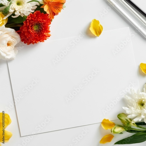 Blank Card With Colorful Flowers and Pens on a White Surface for Greeting or ...