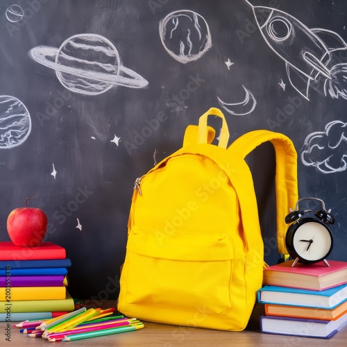 Bright Yellow Backpack on a Desk With Books and Colorful Pencils in a Classro...