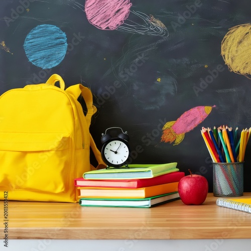 Bright Yellow Backpack on a Desk With Books and Colorful Pencils in a Classro...