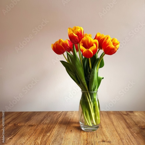 Bright Orange Tulips in Glass Vase on Wooden Table in Simple Indoor Setting