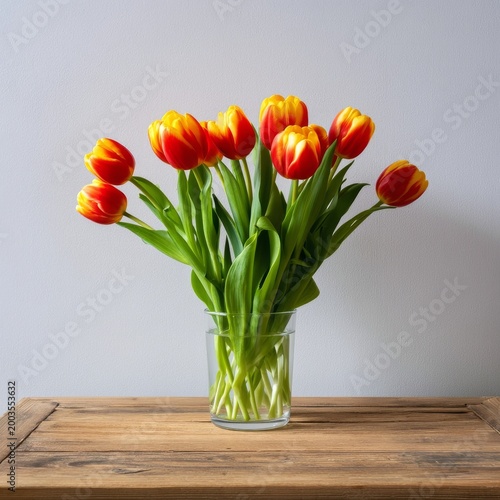 Bright Orange Tulips in Glass Vase on Wooden Table in Simple Indoor Setting